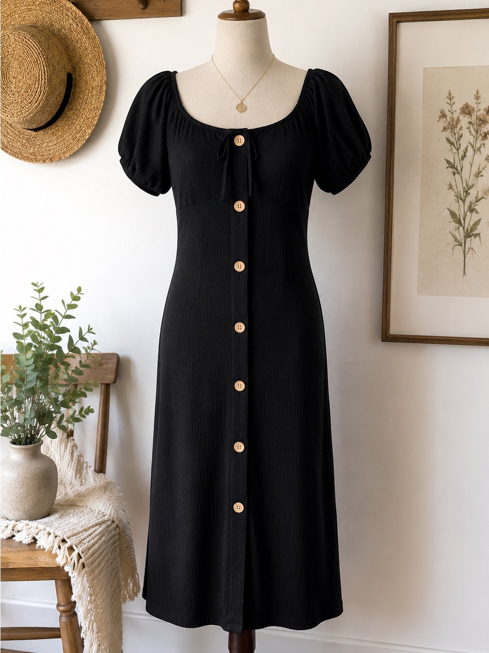 NWT No Boundaries Black Ribbed Puff Sleeve Midi Dress | Size M (7-9)